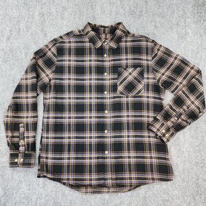 CQR Shirt Mens Large Black Brown Plaid Flannel Long Sleeve Button Up Hiking